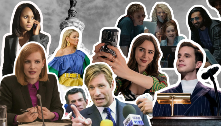 Collage con personajes de series y películas que representan la comunicación estratégica, incluyendo a Samantha Jones, Olivia Pope, Emily Cooper, Payton Hobart, Elizabeth Sloane, Nick Naylor y Lukas de Jugend Rettet